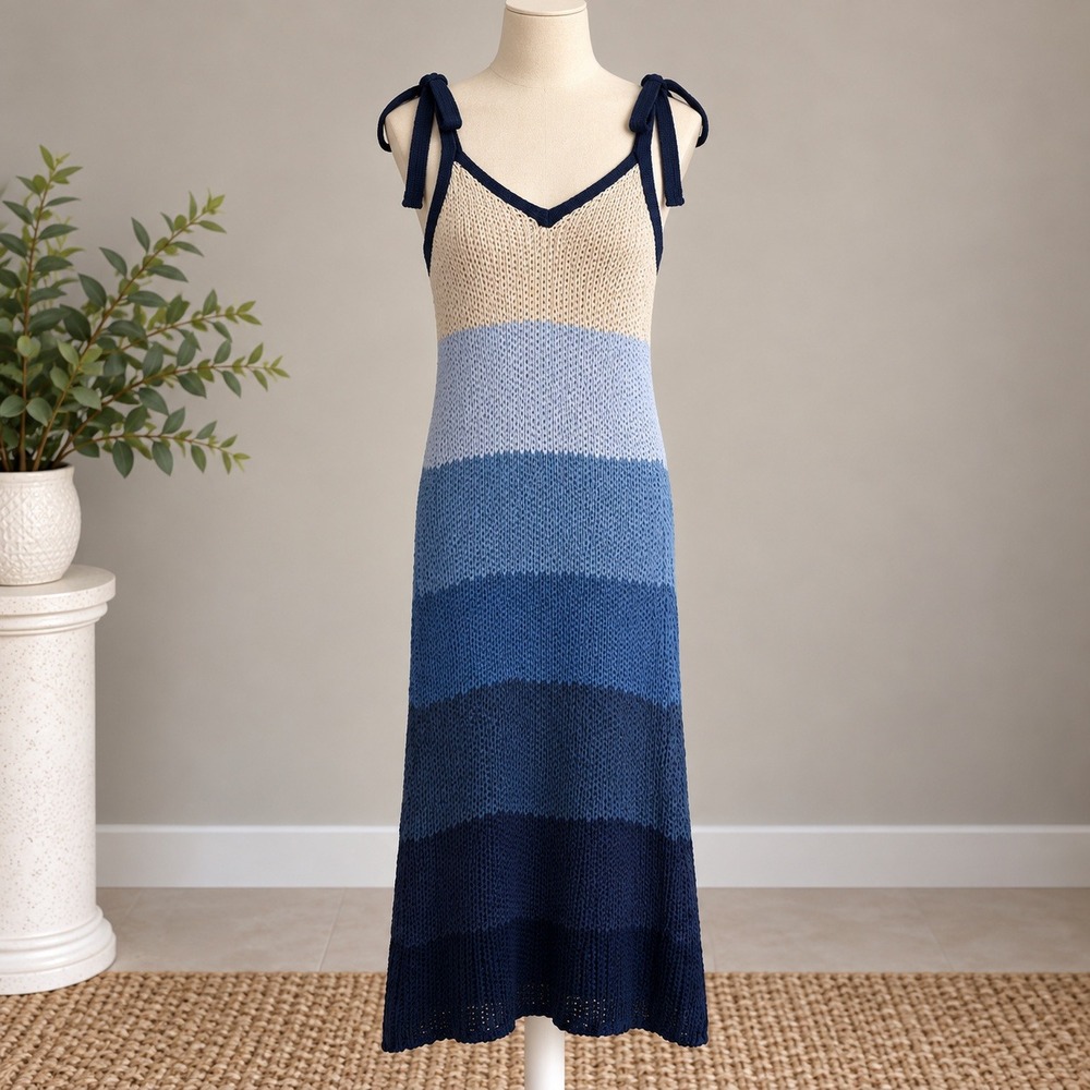 Zara Knit Midi Dress Blue Ombre Crochet Tie Shoulder Mermaidcore Boho Sz Small